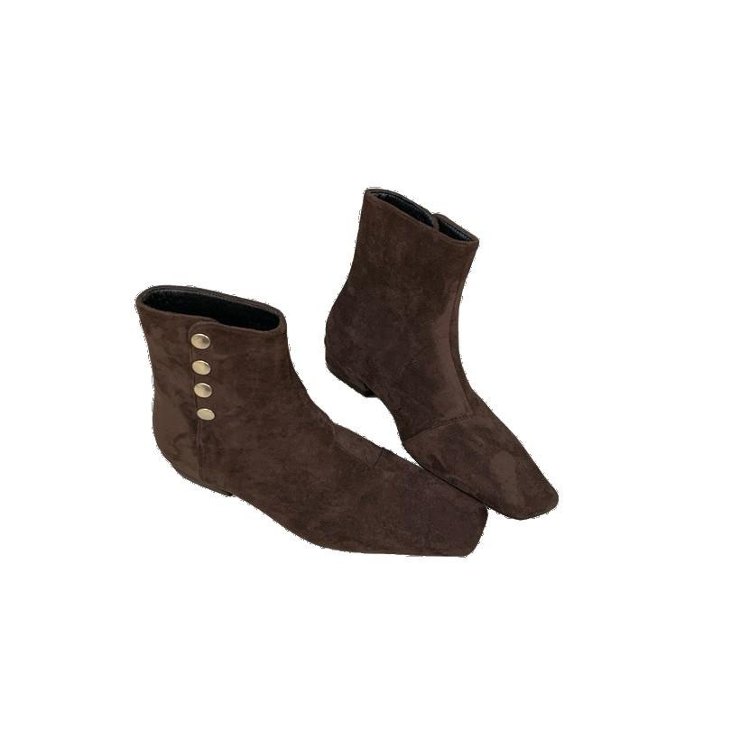 Women's shoes real shot suede square head side zipper thick heel small short boots elastic boots Martin boots thin boots comfortable