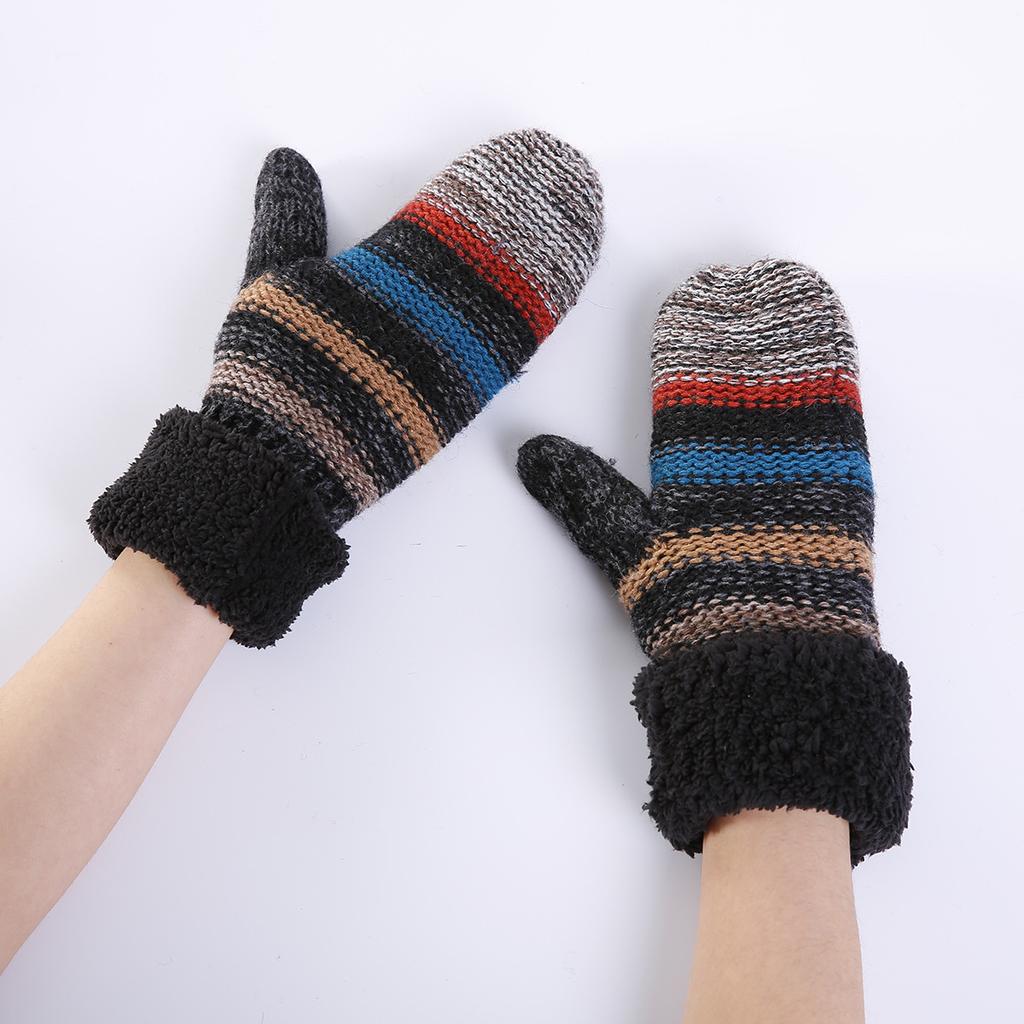 Mittens Striped Mixed Color Warm Gloves Autumn and Winter New Women's Knitted Wool Plus Velvet Thickened Warm Wrist Sleeves