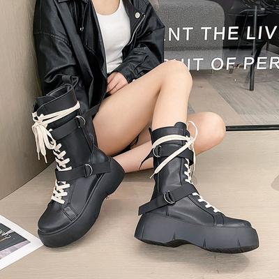 Botas de motocicleta femininas estilo inglês versátil moda cadarço botas curtas cabeça redonda fundo grosso preto material pu adulto q122