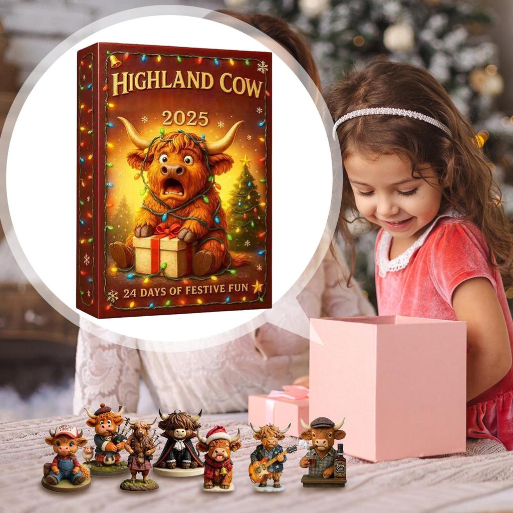 3D Cow Christmas Advent Calendar 24 Pcs Festive Cattle Ornaments Set for Christmas Countdown, Home Table Centerpiece Decoration