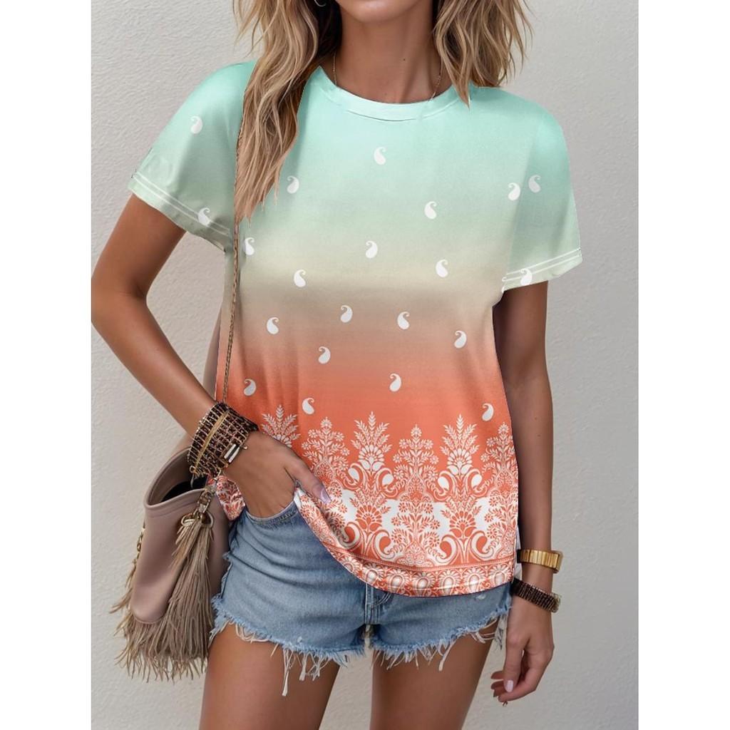 

Summer women s T-shirt -3D printed gradient pattern round neck casual top XS