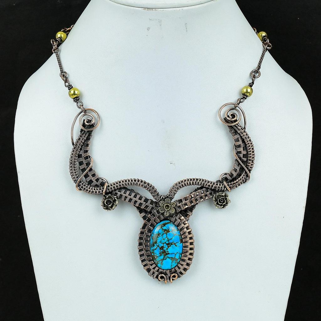 Blue Turquoise Handmade Gemstone Necklace, 999 Copper Wire Wrapped Antique Jewelry Adjustable Chain Necklace, For Engagement Gift