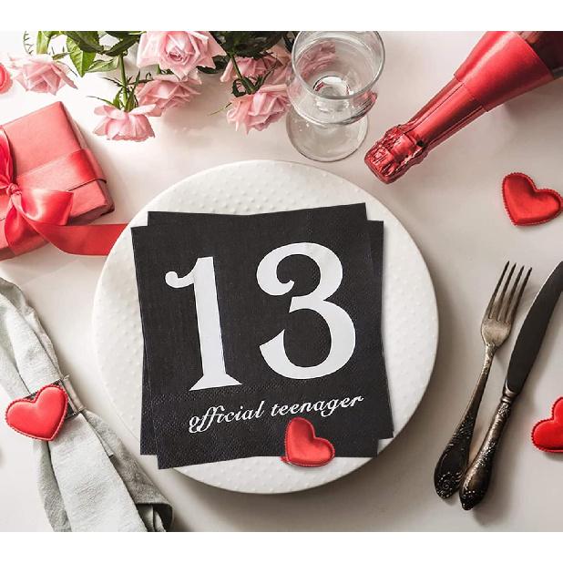 40pcs Black and Silver Official Teenager 13th Birthday Cocktail Napk 13th Birthday Decorations for Boys Girls Party Supplies Disposable Paper