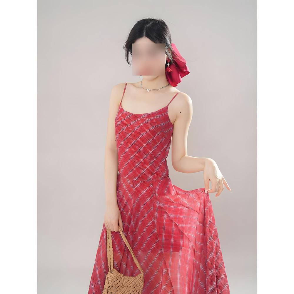 Retro Super Good-looking Fashion Temperament Waist and Thin Red Plaid Suspender Dress Casual Women's Clothing Summer