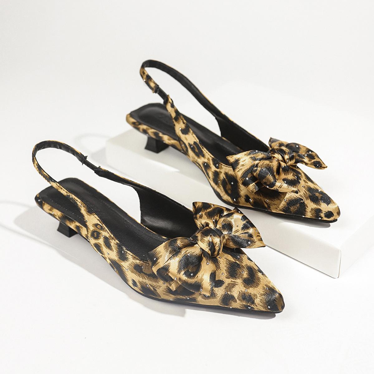 

остроносые сандалии с закрытой пяткой женские весенне-летние новые ретро леопардовый принт бант тонкий каблук крутые одинарные туфли 42 цветной печати леопарда
