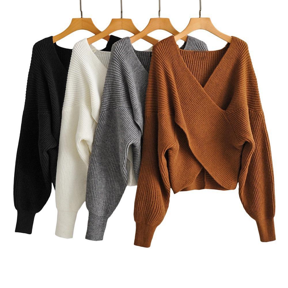 2026 Autumn Winter Solid Color V-Neck Cut-out Knit Sweater with Long Sleeves
