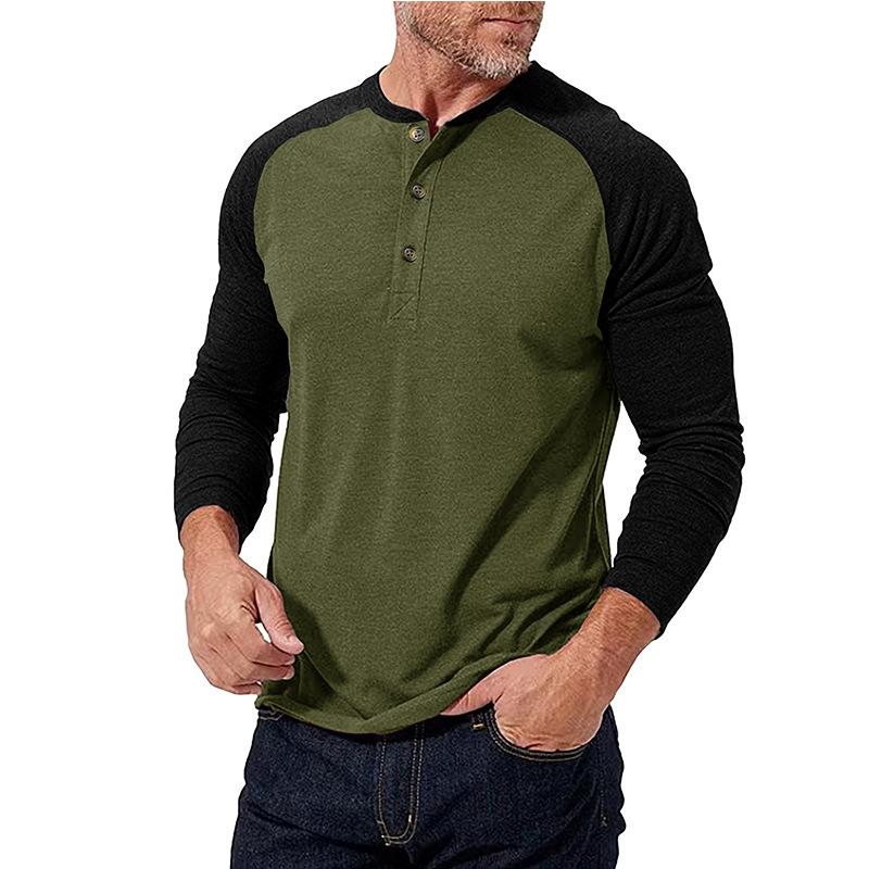 New Autumn and Winter Men's Long-sleeved Color-blocked Henry Shirt Men's Round Neck T-shirt Spliced Contrasting Color Slim Body