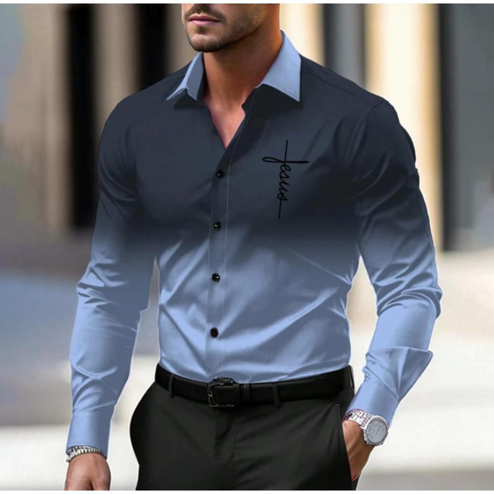 Men's Gradient Color Printed Long Sleeve Shirts Casual Cardigan New Button Holiday Fashion Shirts