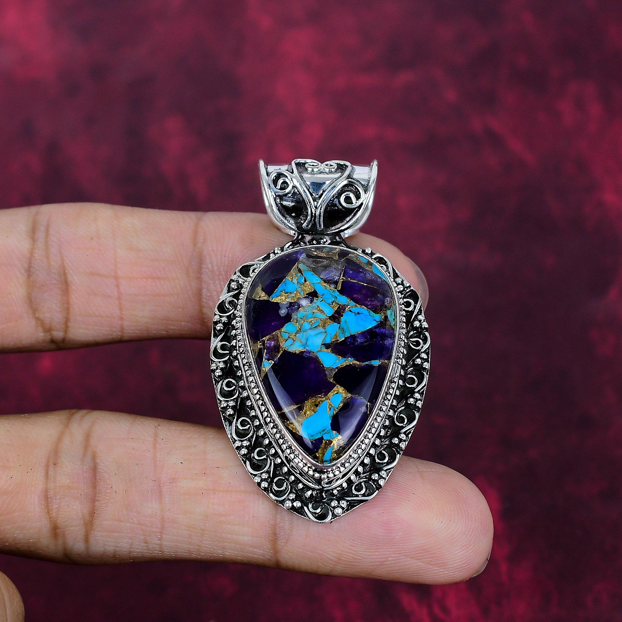 

Медный Аметист Бирюза Кулон из драгоценных камней ручной работы, Кулон из стерлингового серебра 925 пробы, Антикварные украшения, Для Дня памяти 2.04 Inches