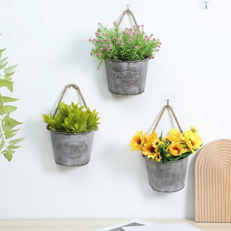 Retro Tin Wall Mounted Flower Pot Container For Indoor Outdoor Decoration With Rust Resistant Coating And Sturdy Hook