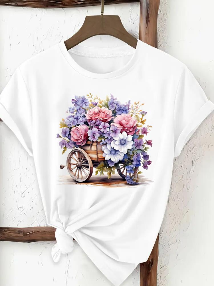 (Asian Size) Watercolor Flower Floral Women Clothing T Shirt Woman Print Tee Top Fashion Female Short Sleeve Graphic T-shirts