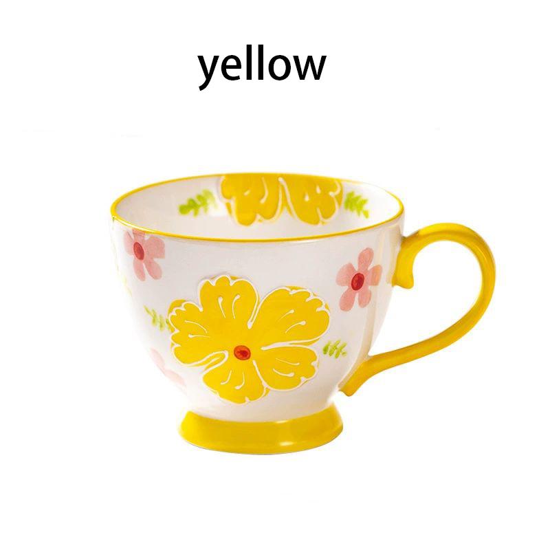 1pcs Flower Ceramic Mug Heat-resistant Breakfast Milk Oat Cup Hand Drawn Large Capacity Juice Handle Cup Microwave Safe 450ml