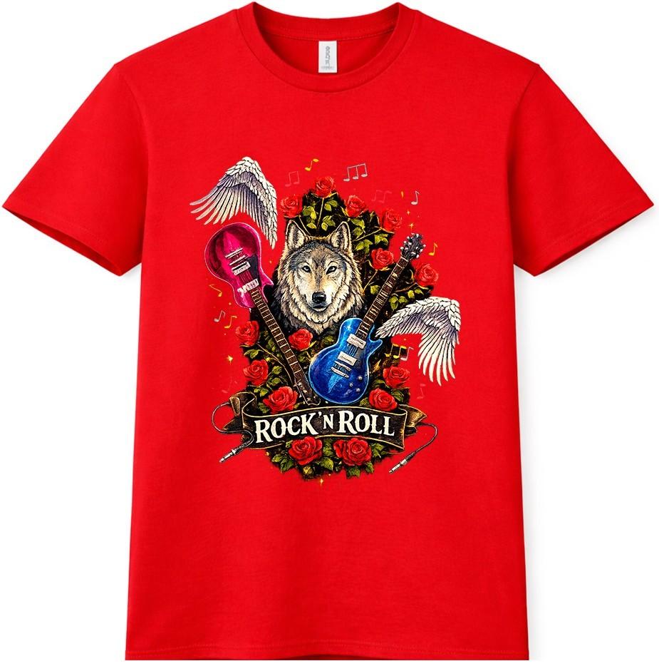 Wolf Rock N Roll T Shirt Guitar Roses Wings Music Graphic Vintage Tee