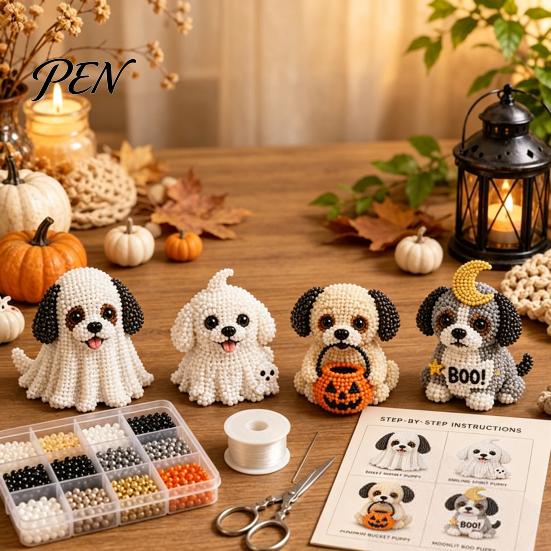 Puppy Bead Art Project Halloween Dog Set, DIY 4 Beaded Figurines, 3D Creative Hobby Sets Craft Kit for Adults Teens, Holiday Decoration Handmade Gift