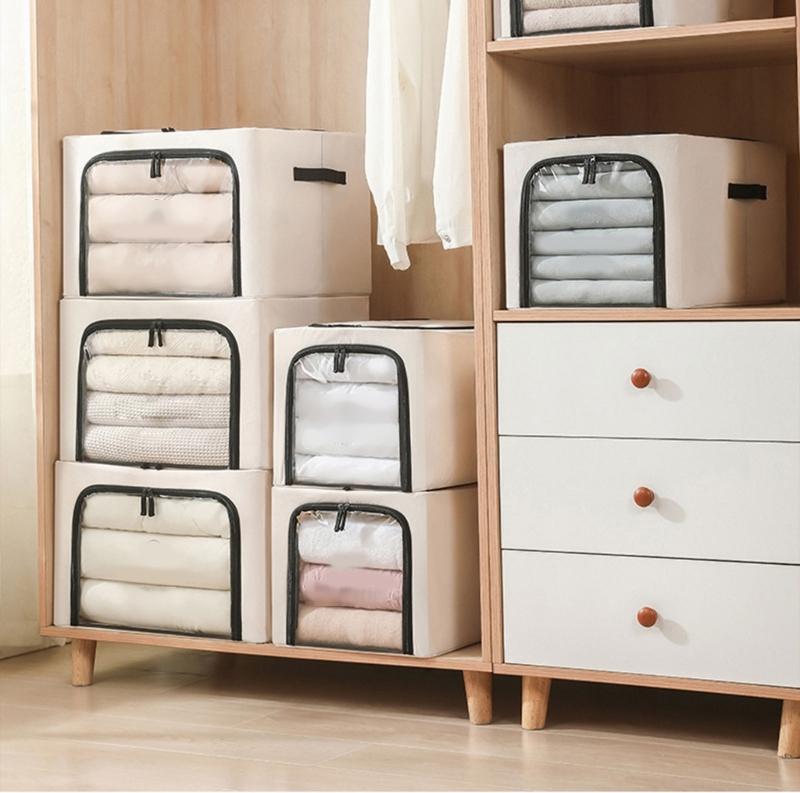 Foldable Clothes Storage Boxes Large Capacity Bins with Metal Frame Lids Clear Window and Sturdy Handles Daily Use