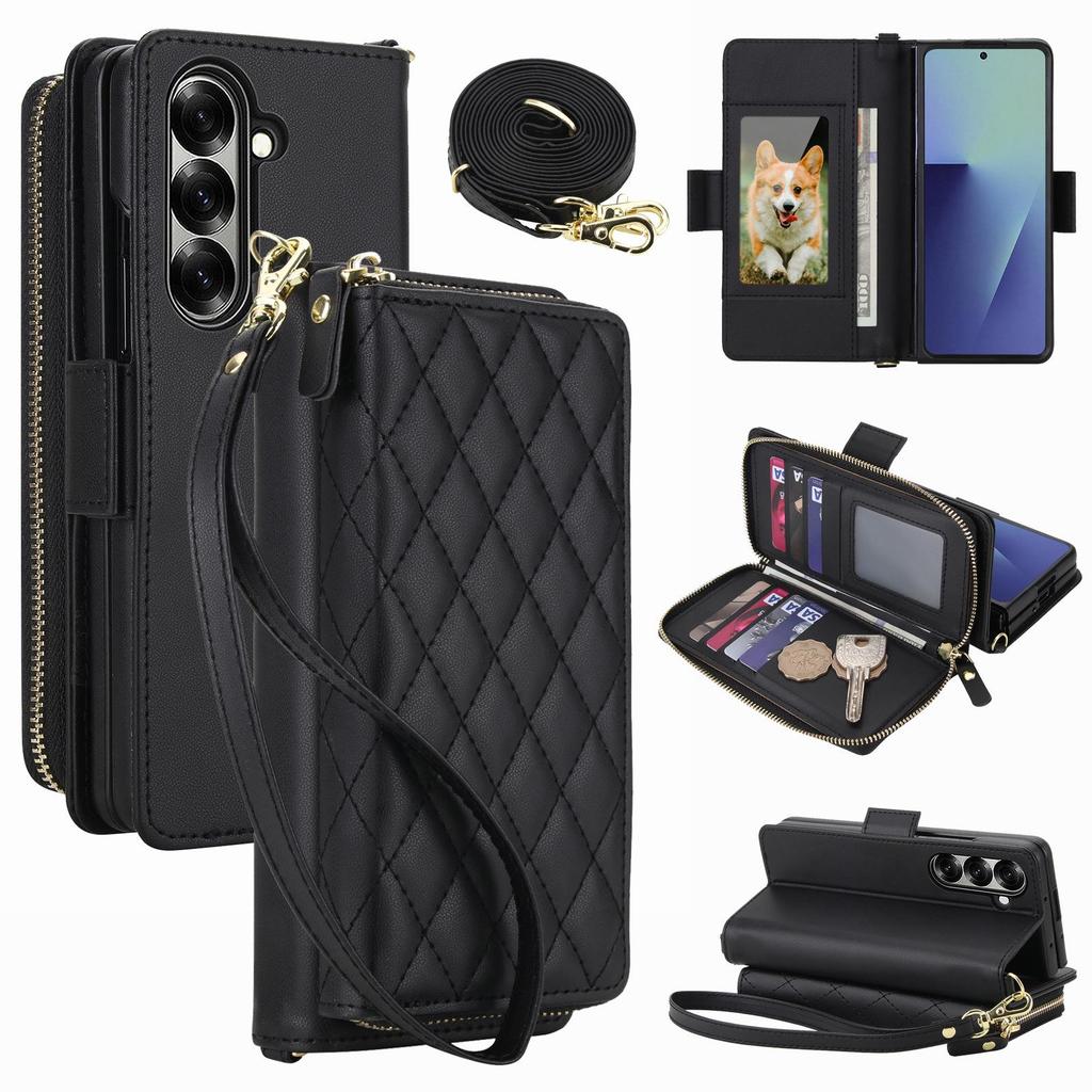 Kompatible gesteppte Reißverschluss-Crossbody-Geldbörsenhülle für Samsung Z Fold 7, 6, 5, 4 mit Kartenfächern.