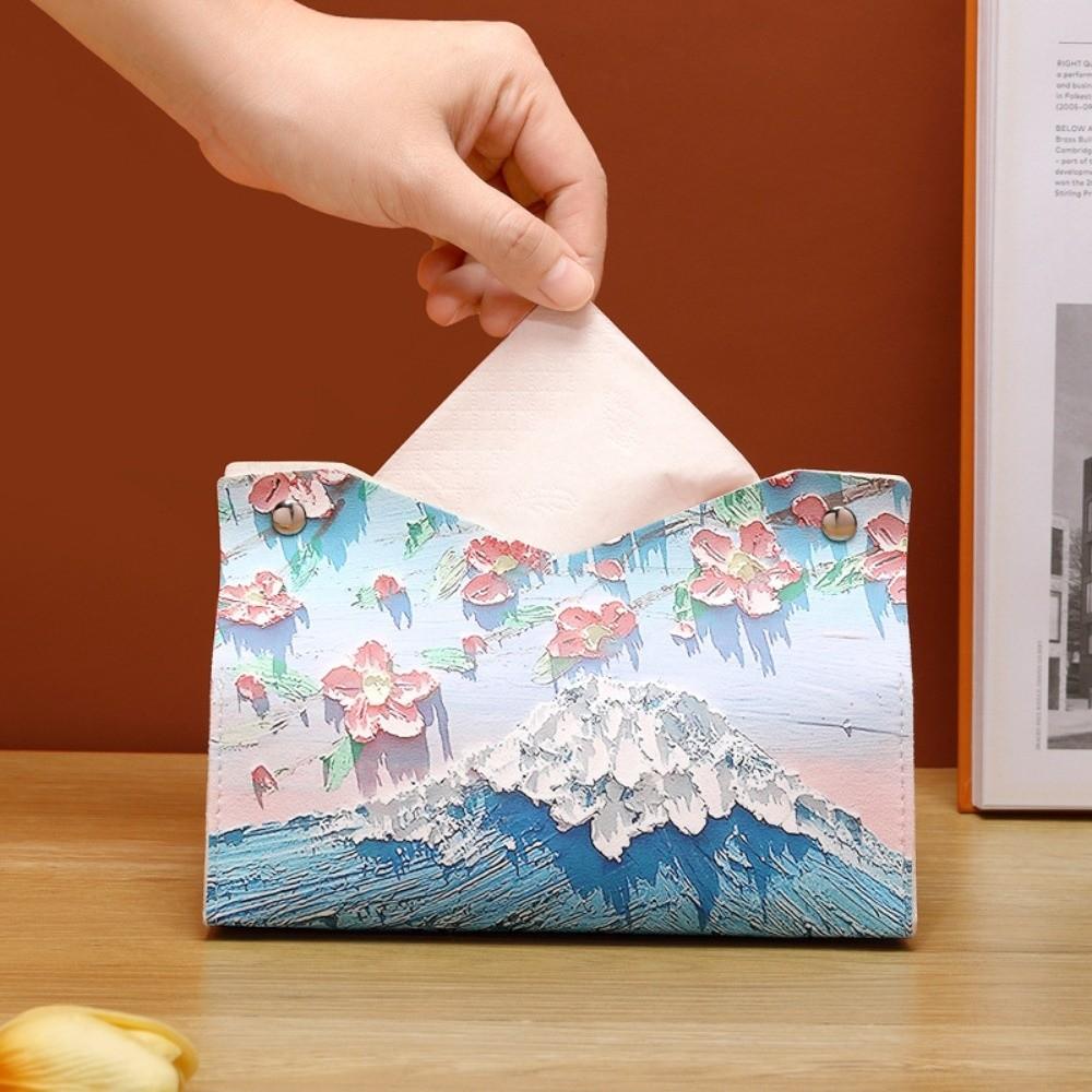 Vintage PU Leather Tissue Box Holder Oil Painting Durable Napkin Container Decorative Car Tissue Box Bathroom