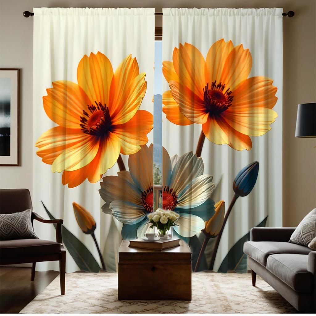 Orange Blue Floral Pattern Curtains Polyester Fabric Suitable Bedroom Living Room Decoration Curtain Machine Washable Ideal For Sitting