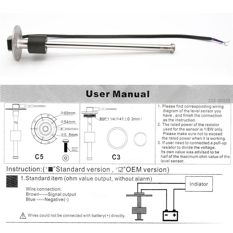 0-190Ohm Oil Tank Level Indicator Meter Sensor Water Fuel Level Sensor Stainless Steel Fuel Sending Unit 150-600mm
