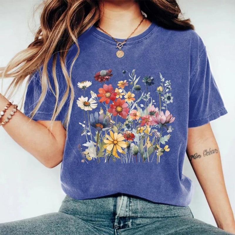 

Летние пуловеры из чистого хлопка, выстиранные и состаренные, с цветочным принтом, с круглым вырезом, женская футболка с короткими рукавами XXXL синий