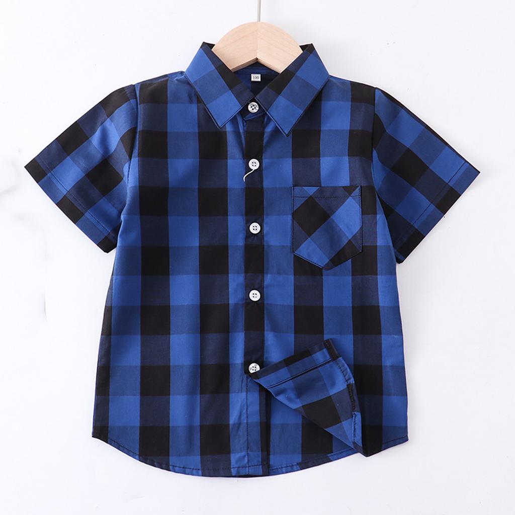 Children's Casual Plaid Shirt With Lapel And Short Sleeves
