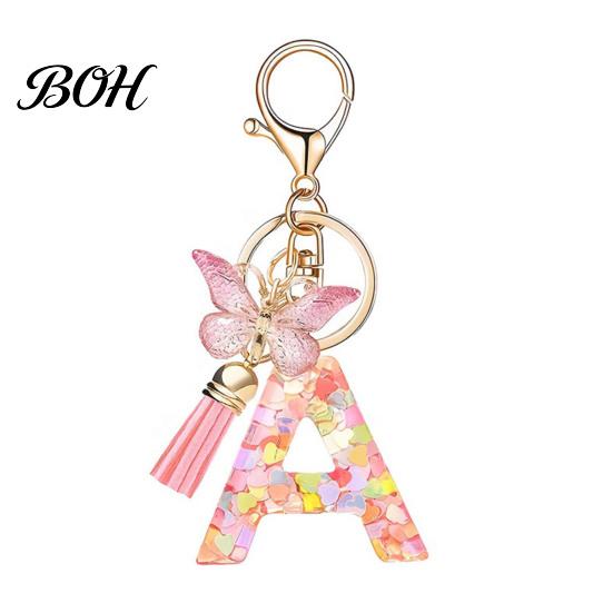 Compact Keychain Pink Series Pendant, Sequins Heart Initial Letter Charm Key Chain with Durable Butterfly Tassel Design, A-Z Holder for Bag