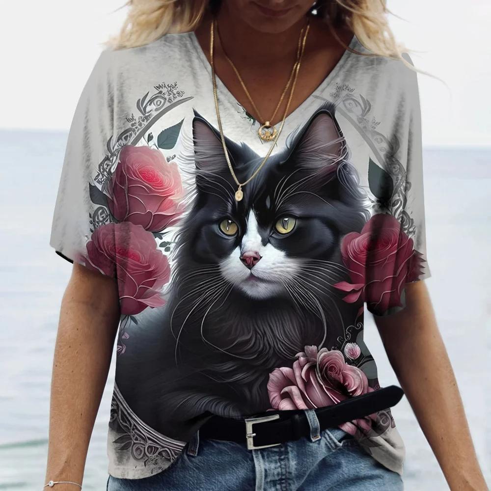 Kawaii Short-sleeved Tops 3D Painted Cute Cute Kitten Print T-shirt Short-sleeved V-neck Tops Harajuku Daily Tops Sweatshirts