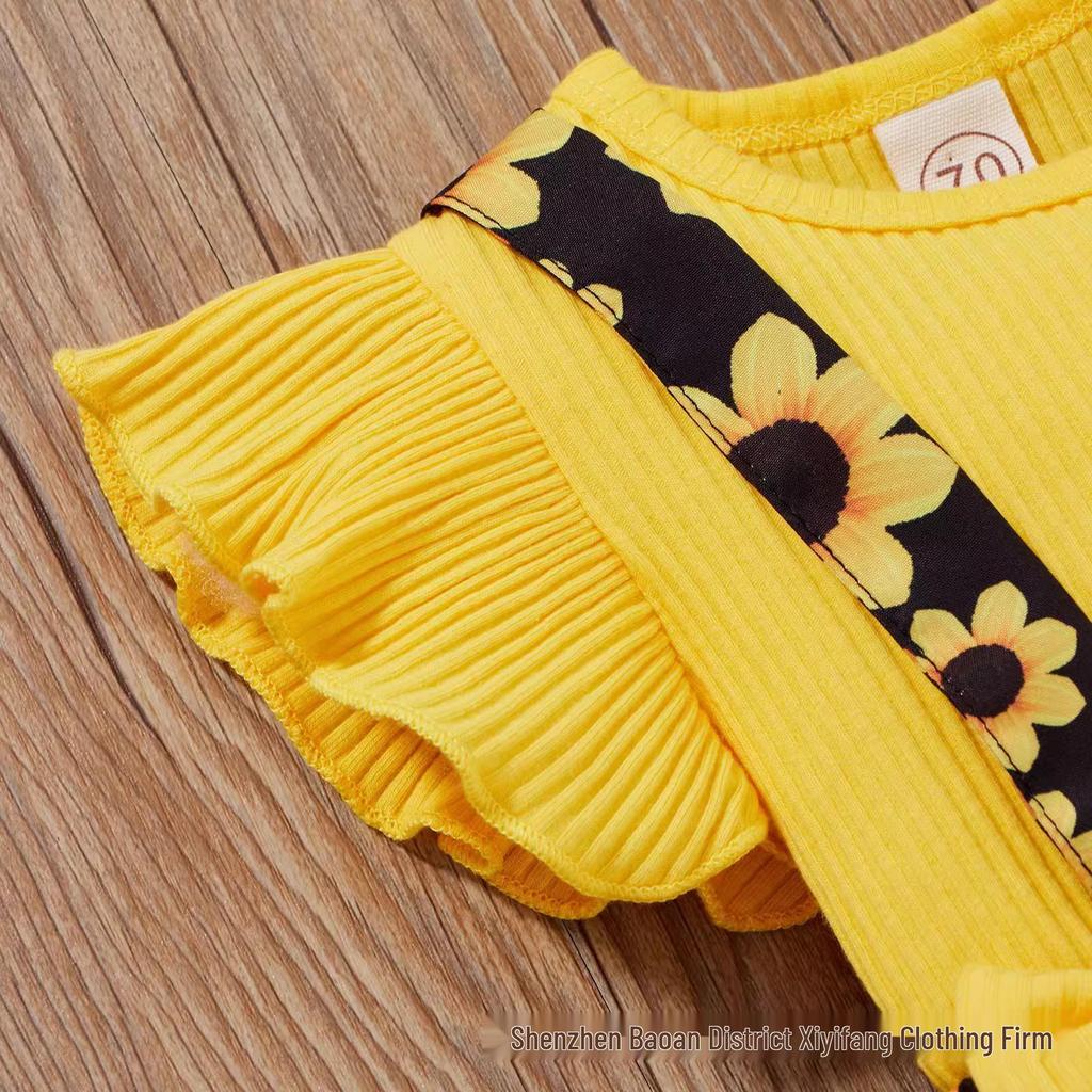 Prinsess-stil Baby Sommaroverall Set: Triangelbody, Tröja att dra över huvudet, Puffbyxor, Kjola