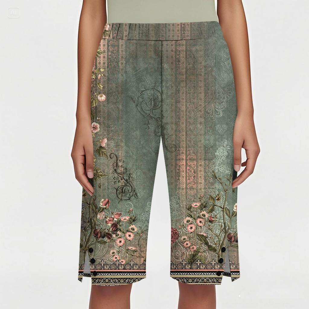 Dámské potištěné kalhoty Módní kapsa Elastický pas Ležérní šortky