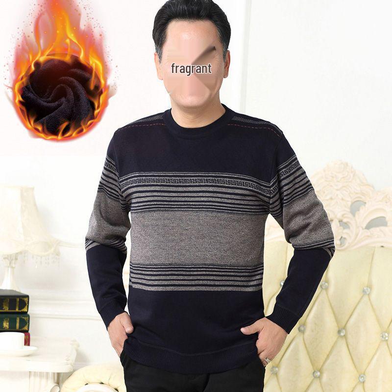 Men's Thick Fleece-Lined Sweater - Grandpa Style, Round Neck, Perfect for Winter Warmth