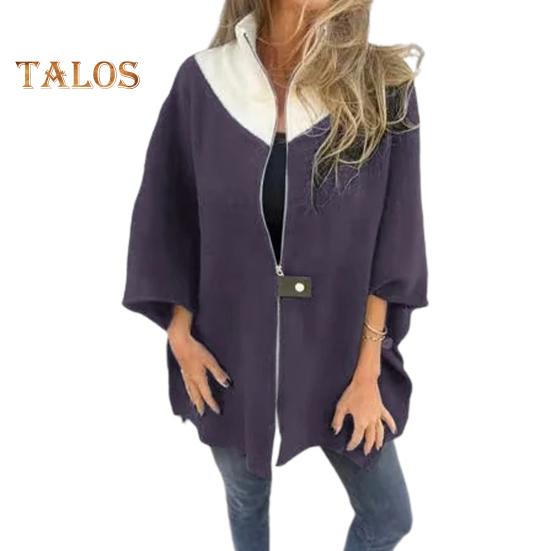 

Осенне-зимняя женская куртка со свободным воротником-стойкой, цветной застежкой-молнией, рукавами три четверти, повседневная куртка средней длины для повседневной носки XL фиолетовый