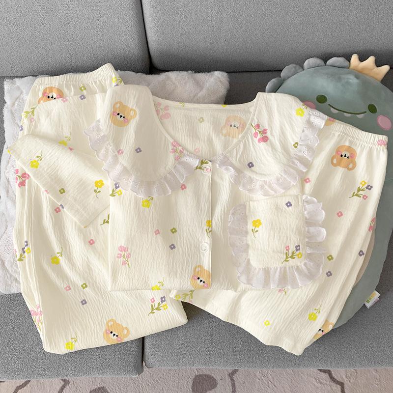 Cartoon Bear Spring Tulip Wind Cloud Cotton Doll Collar Lace Pajamas Short Sleeve Three-Piece Set