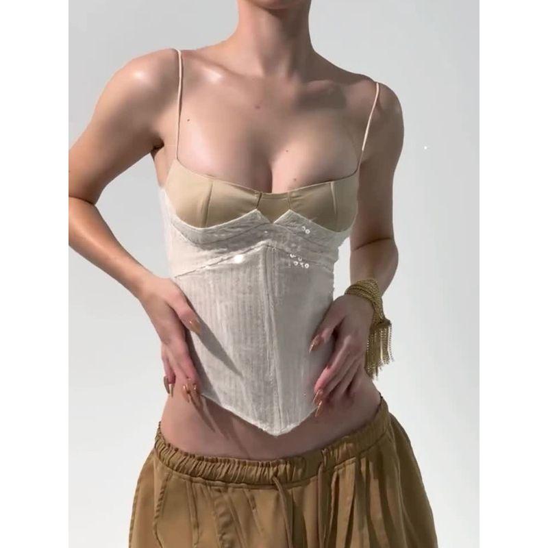 H Home European and American Women's Clothing Ins Fancy Contrast Colors False-Two-Piece Split Waist Strap Backless Lace Up Sequin Corset