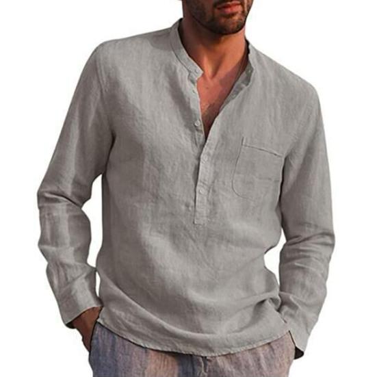 Men Shirt Solid Color Stand Collar Button Casual Spring Top for Daily Wear