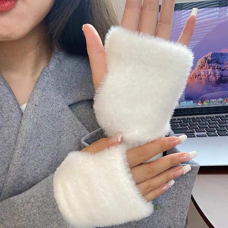 Soft Winter Half Finger Gloves Women Warm Luxury Solid White Plush Knitted Fingerless Gloves Wrist Mittens Writting