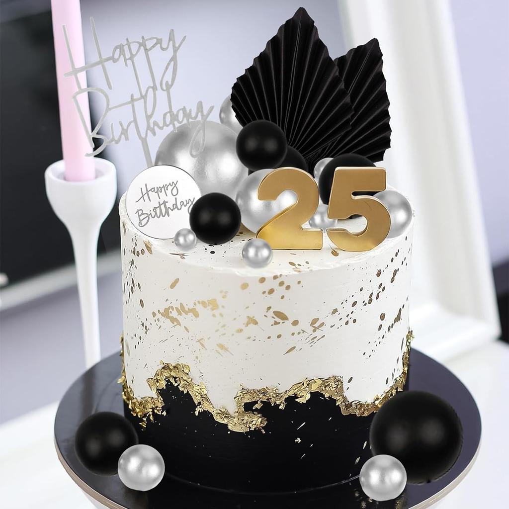 Black Silver Foam Balls Cake Decoration Silver Palm Leaves Cake Decoration for Birthday Wedding Baby Shower Bridal Shower
