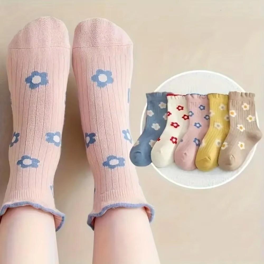 5 Pairs 5 Pairs Pack Kids Crew Socks Floral Print Ruffle Cuff Socks Princess Socks  School Socks