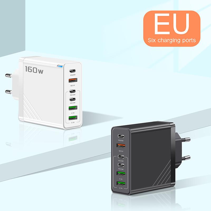 160W 6-Port Fast Charging Usb Type C Quick Charge Pd Qc3.0 Wall Charger Adapter For Iphone Xiaomi Samsung Huawei Phone Charger
