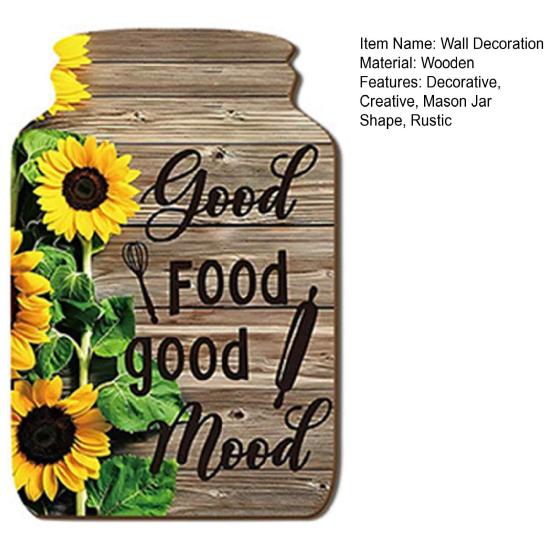 Artistic Wall Decor Panels Mason Jar Shape Decoration, Wooden Art with Sunflower Print, Restaurant Ornaments Retro Rustic Hanging for Farmhouse