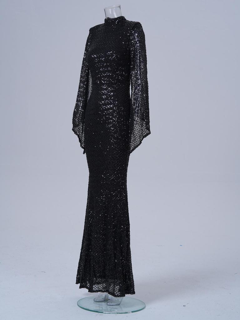 Elegant Sequin Round Neck Long-Sleeved Evening Dress for Bridesmaids