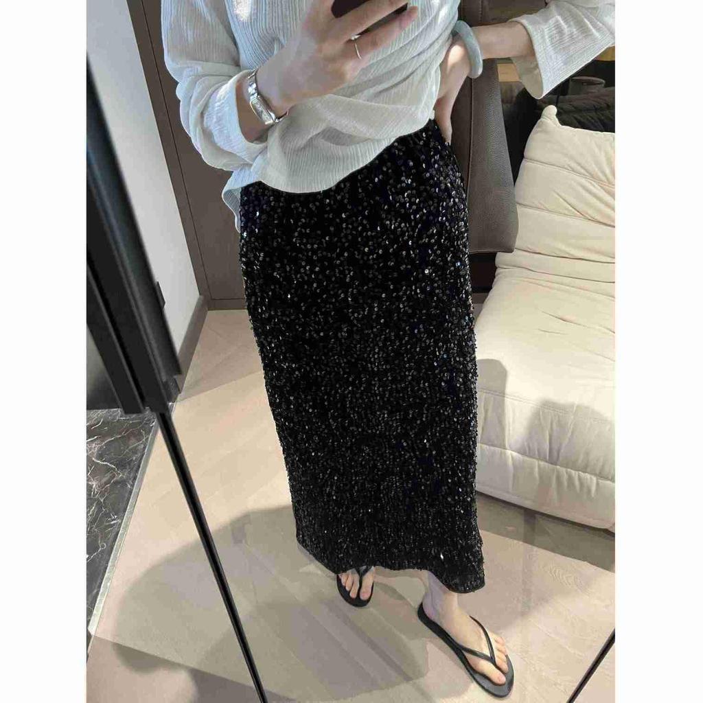 2025 High Waist Sequined Midi Skirt with Elastic Back Slit for Women