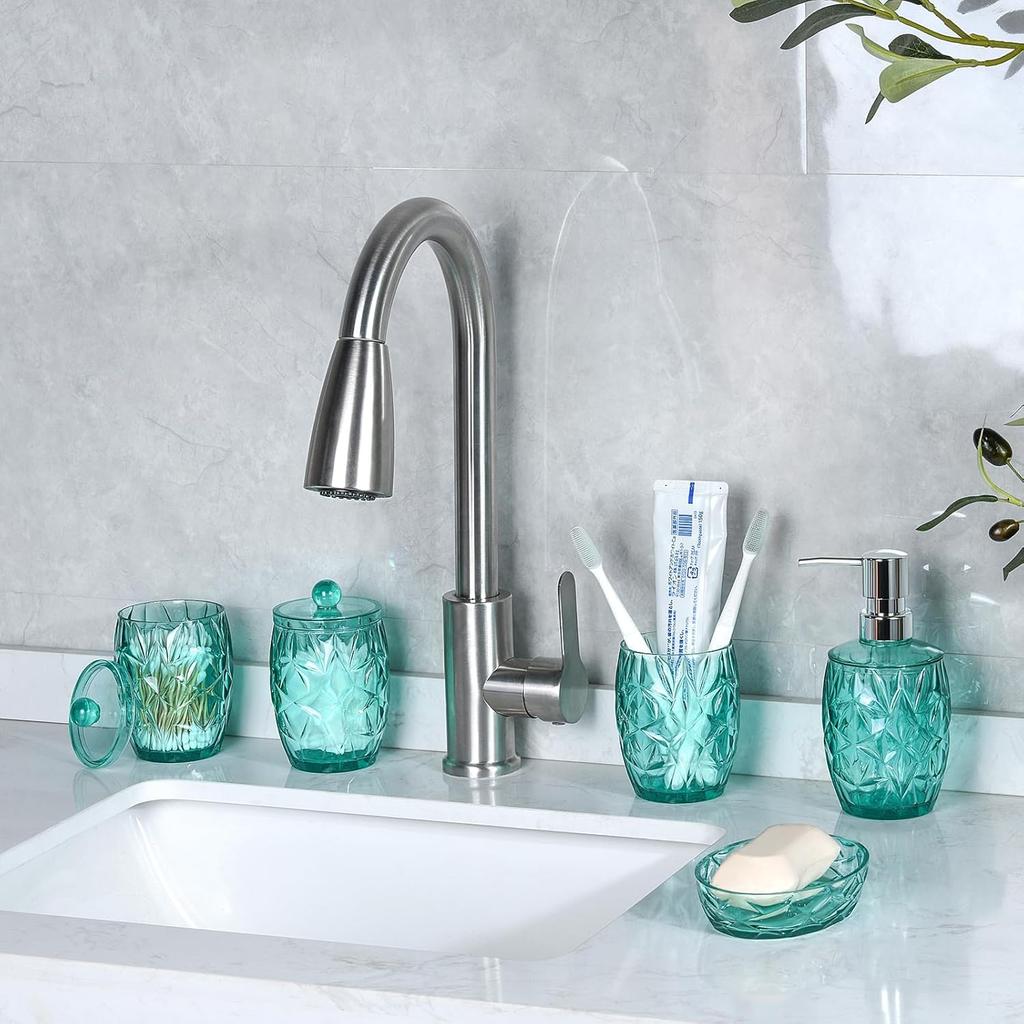Teal Blue Bathroom Accessories Set 5pcs - Lotion Soap Dispenser, Toothbrush Holder, 2 Qtip Holder, Soap Dish, Bathroom Accessory Set, Modern Bathroom