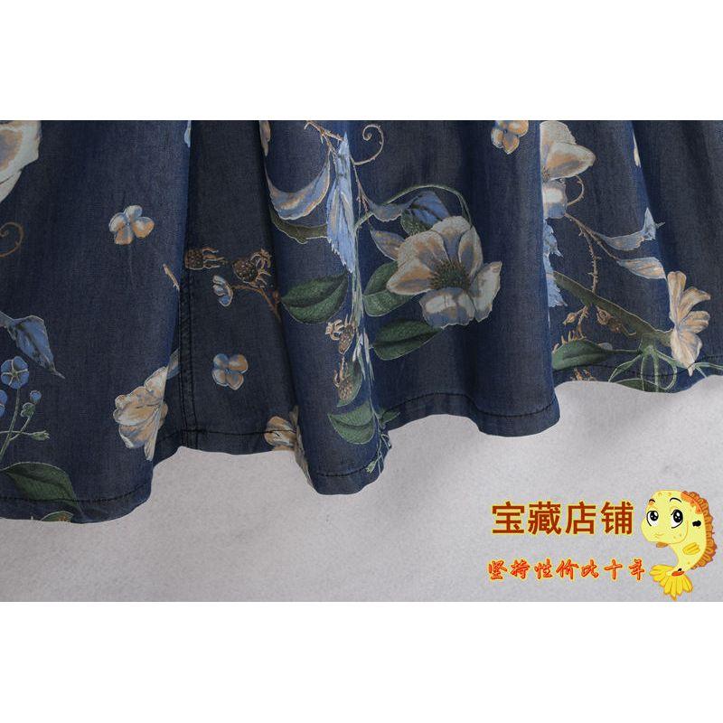 Denim V-neck Imitation Tencel Shoelace Export Print Long Dress