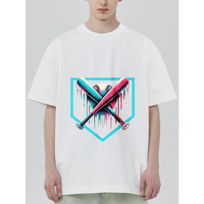 Black T Shirt with Crossed Baseball Bats and Ball Dripping Neon Colors Design for Casual Wear