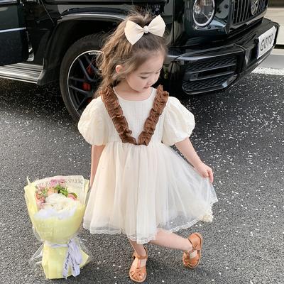 Kids Summer Clothing Children Beige Dress Short Sleeved Princess Mesh Dresses Baby Girl Sweet Clothes