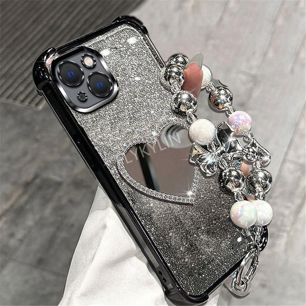 Bead Bracelet Shockproof Phone Case For Samsung S25 S24 S23 S22 S21 S20 FE Note 20 Ultra Plus Glitter Heart Mirror Silicon Cover
