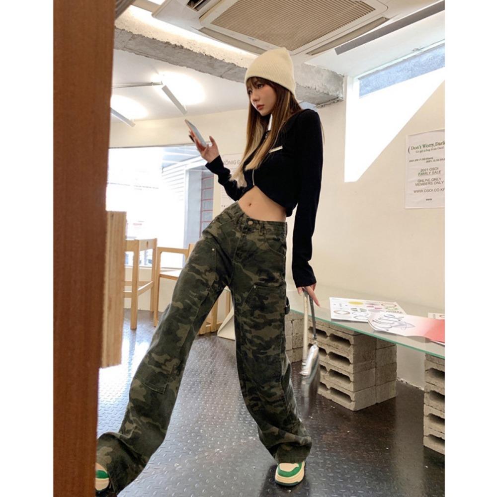 American Sweet and Spicy High Street Hiphop Camouflage Overalls Women's Mopping Hip Hop Straight Loose Wide-leg Jeans