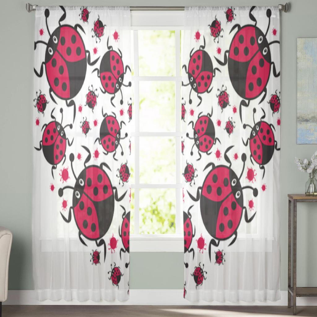 Cute Valentine Ladybird Heart Sheer Curtains for Living Room Transparent Tulle Window Curtain Bedroom Kitchen Decor Veil Drapes