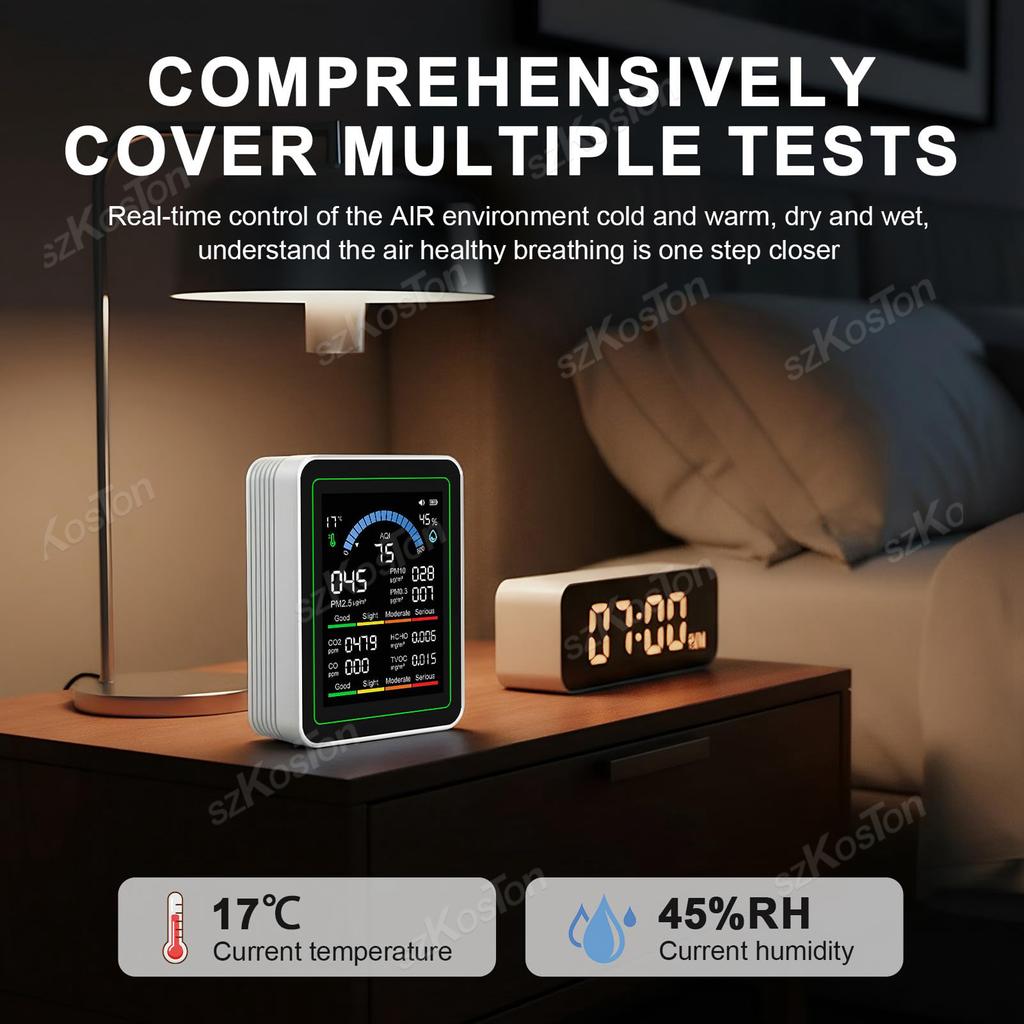 10 In 1 Air Quality Monitor PM2.5,CO₂,HCHO,TVOC,CO,Temperature and Humidity Multi-functional Air CO2 Sensor with Display Screen