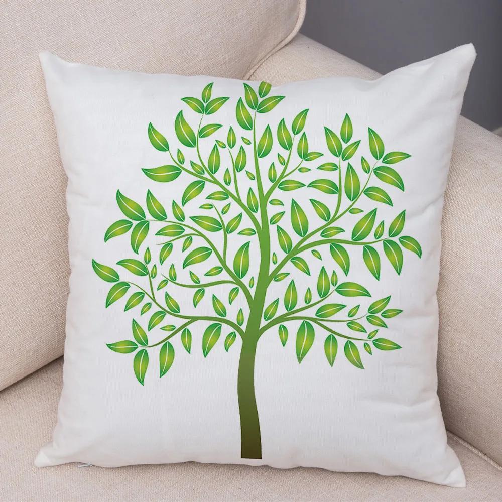 Nordic Style Green Leaf Cushion Cover Decor Cartoon Tree Print Pillow Case for Sofa Home Car 45x45cm Soft Plush Pillowcase